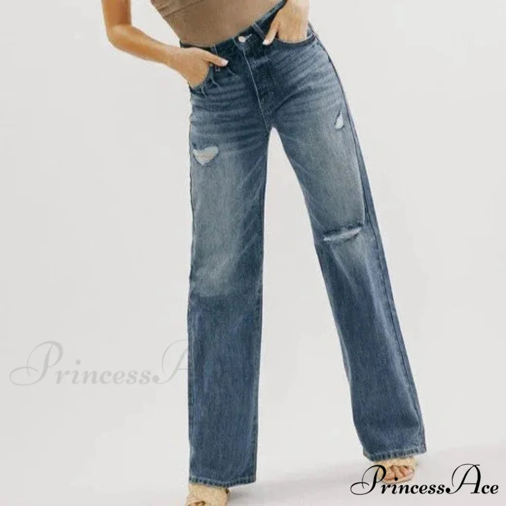 Ripped Washed High New Simple Street Loose Straight-leg Denim Jean