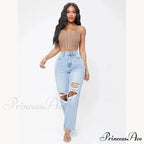 Ripped Women's Casual Fashion High Waist Straight Leg Loose Denim Ladies Streetwear Jean
