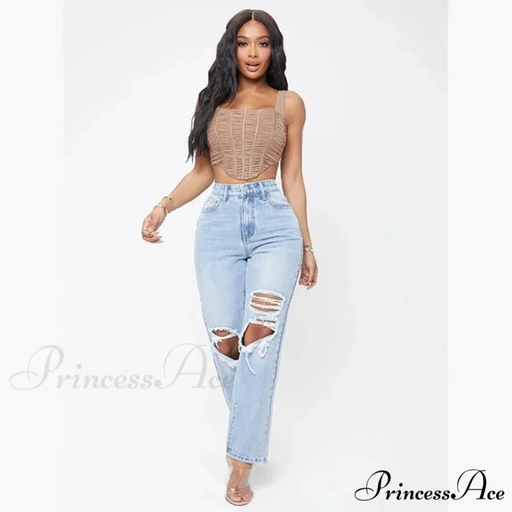 Ripped Women's Casual Fashion High Waist Straight Leg Loose Denim Ladies Streetwear Jean