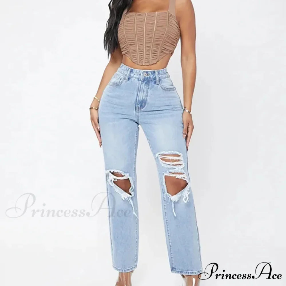 Ripped Women's Casual Fashion High Waist Straight Leg Loose Denim Ladies Streetwear Jean