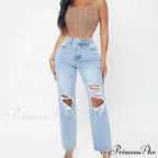 Ripped Women's Casual Fashion High Waist Straight Leg Loose Denim Ladies Streetwear Jean