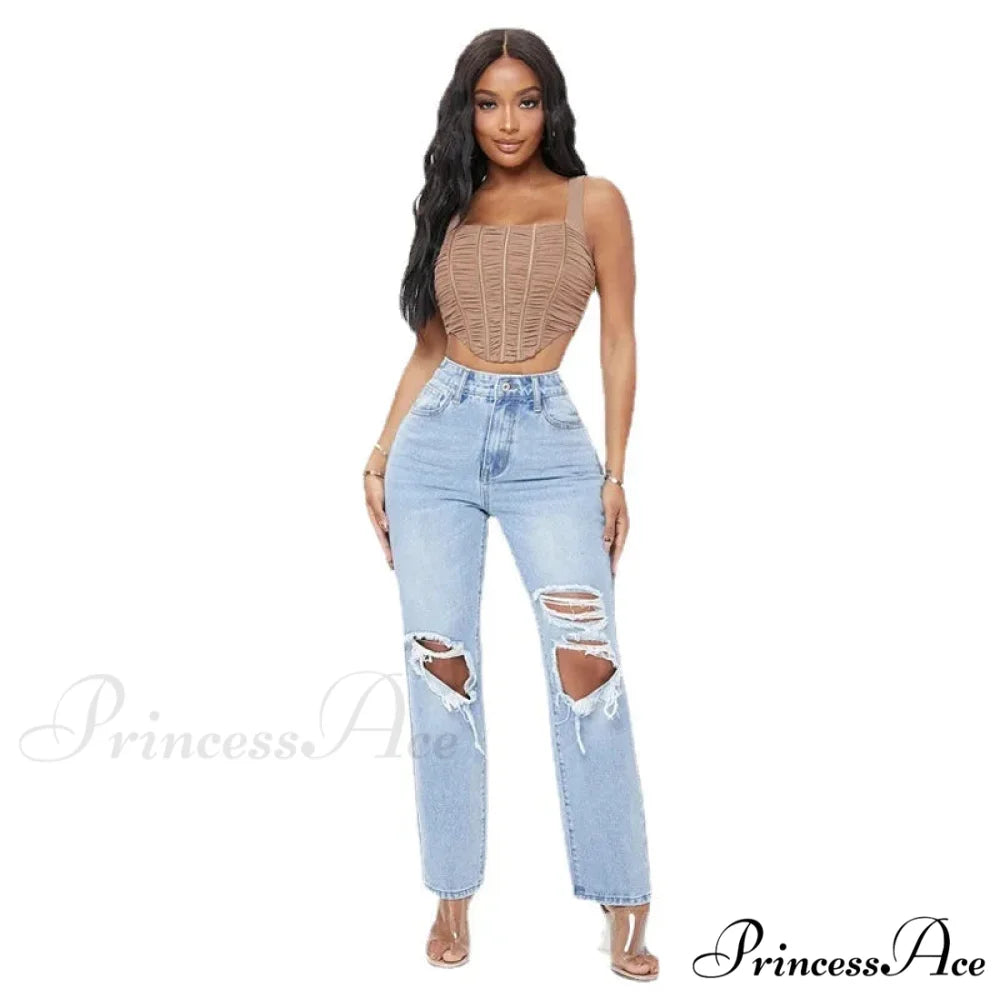 Ripped Women's Casual Fashion High Waist Straight Leg Loose Denim Ladies Streetwear Jean