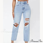 Ripped Women's Casual Fashion High Waist Straight Leg Loose Denim Ladies Streetwear Jean