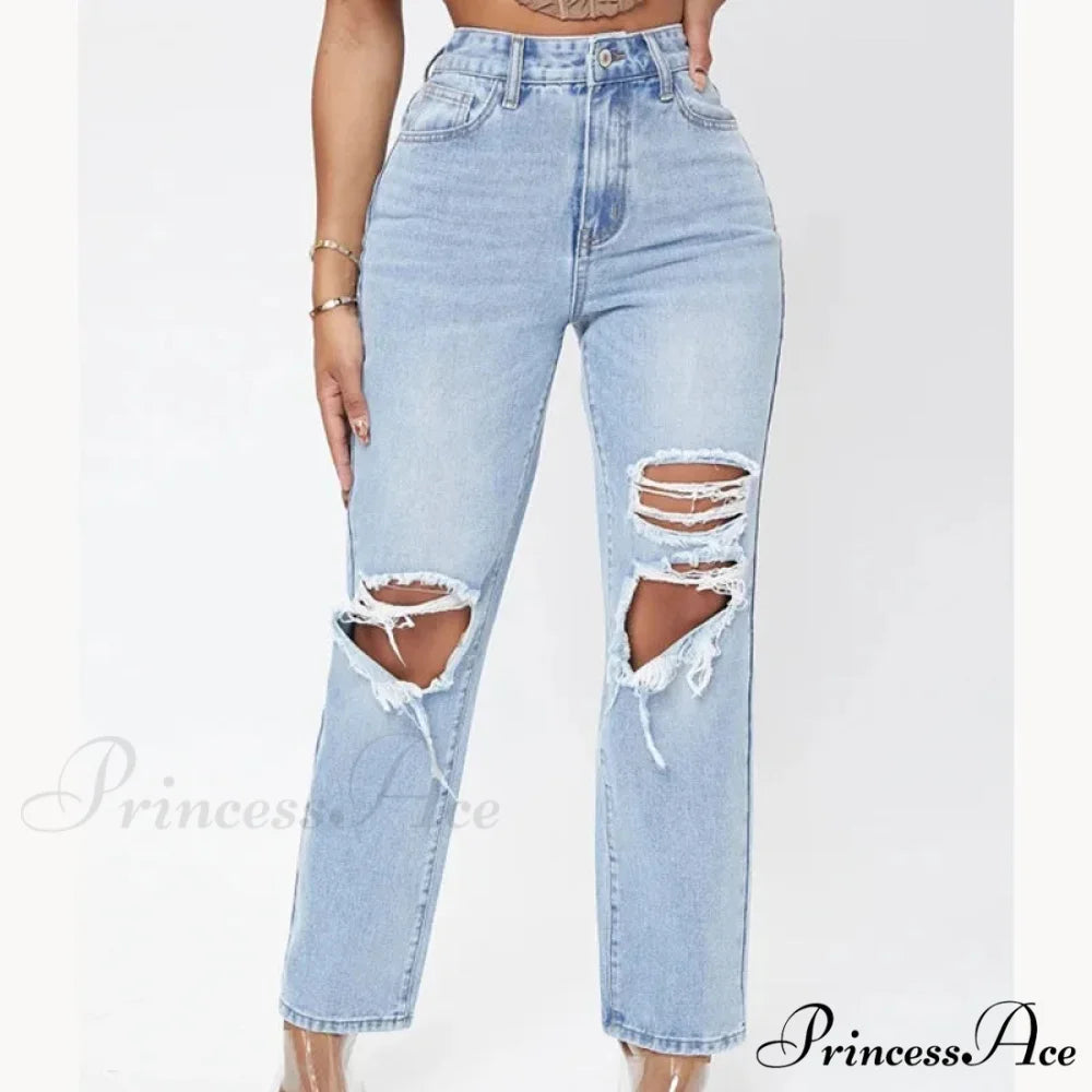 Ripped Women's Casual Fashion High Waist Straight Leg Loose Denim Ladies Streetwear Jean