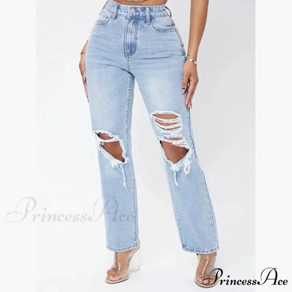 Ripped Women's Casual Fashion High Waist Straight Leg Loose Denim Ladies Streetwear Jean
