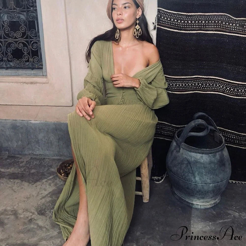 Romance V Neck Single-breasted Long Sleeve Maxi Dress
