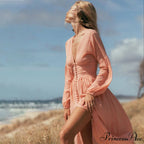 Romance V Neck Single-breasted Long Sleeve Maxi Dress