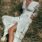 Romance V Neck Single-breasted Long Sleeve Maxi Dress