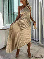 Romantic Night Guilloche Stretch Hollow Trendy One Shoulder Pleated Maxi Dress