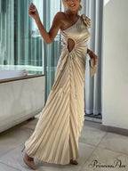 Romantic Night Guilloche Stretch Hollow Trendy One Shoulder Pleated Maxi Dress