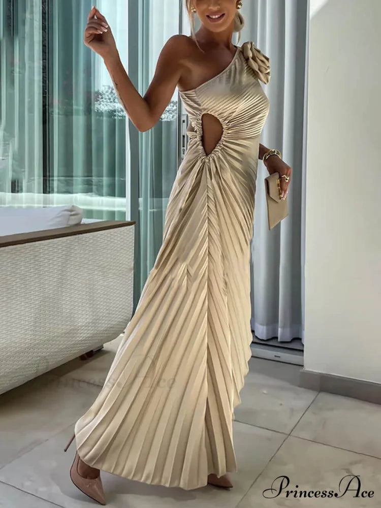 Romantic Night Guilloche Stretch Hollow Trendy One Shoulder Pleated Maxi Dress