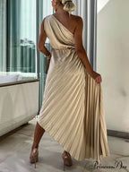 Romantic Night Guilloche Stretch Hollow Trendy One Shoulder Pleated Maxi Dress