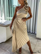 Romantic Night Guilloche Stretch Hollow Trendy One Shoulder Pleated Maxi Dress