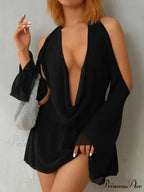 Rope Fasten-Up Draped Neck Short Dress