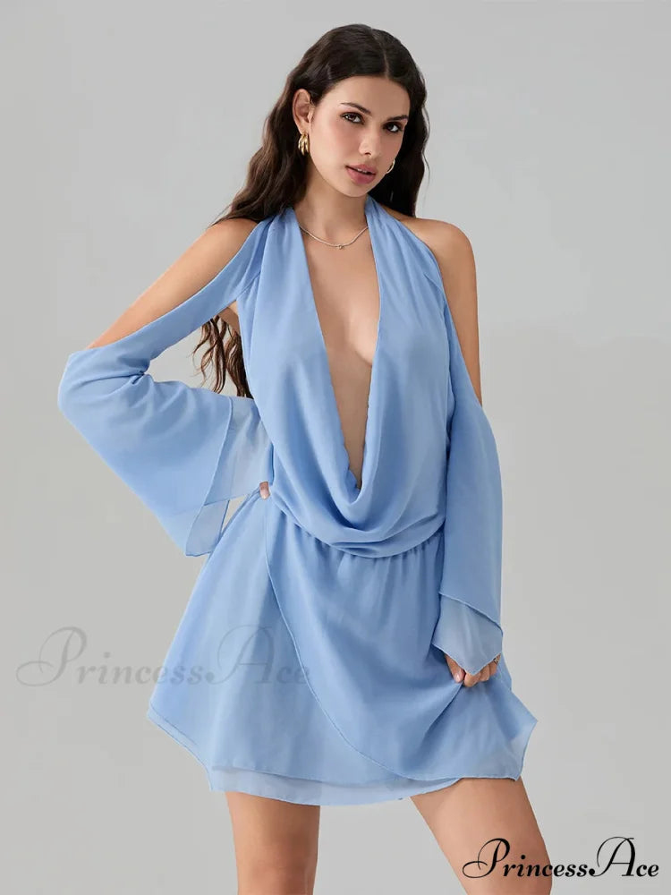 Rope Fasten-Up Draped Neck Short Dress