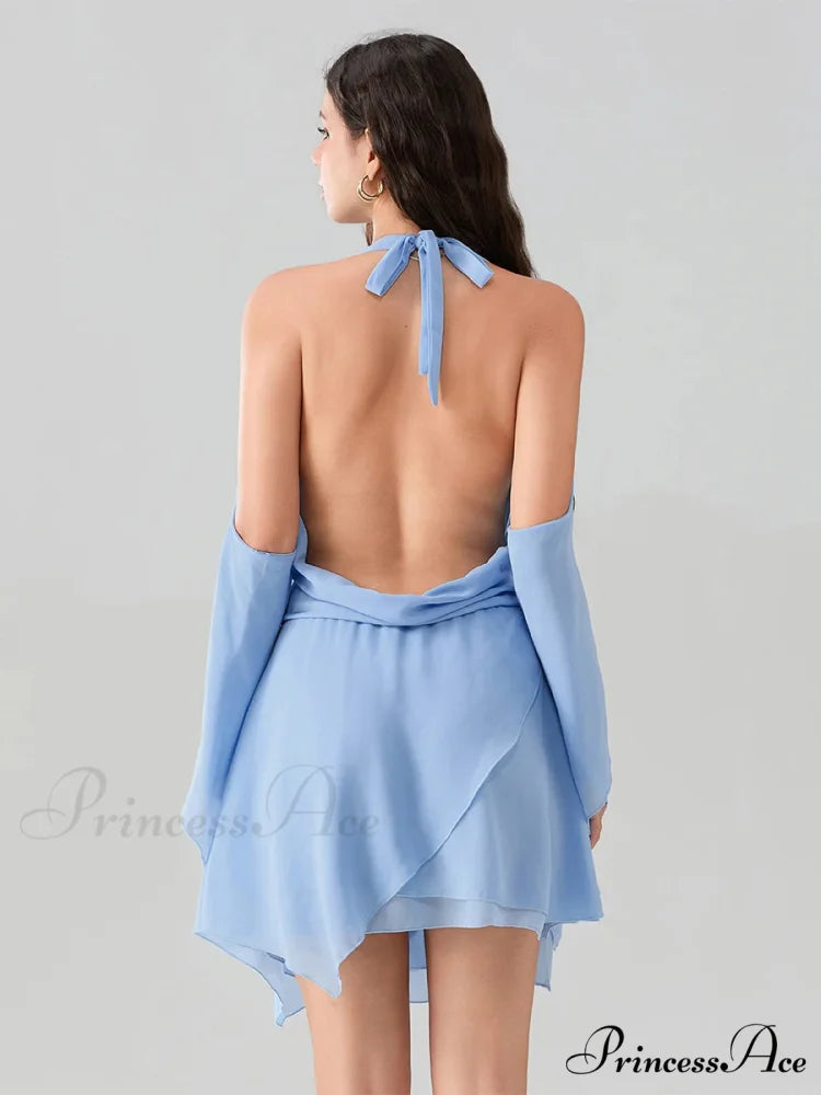 Rope Fasten-Up Draped Neck Short Dress