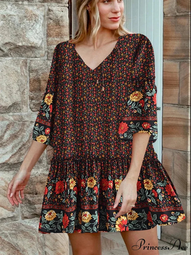 Rope Neck Frills Botanical Pattern Rayon Summer Mini Getaway Boho Dress