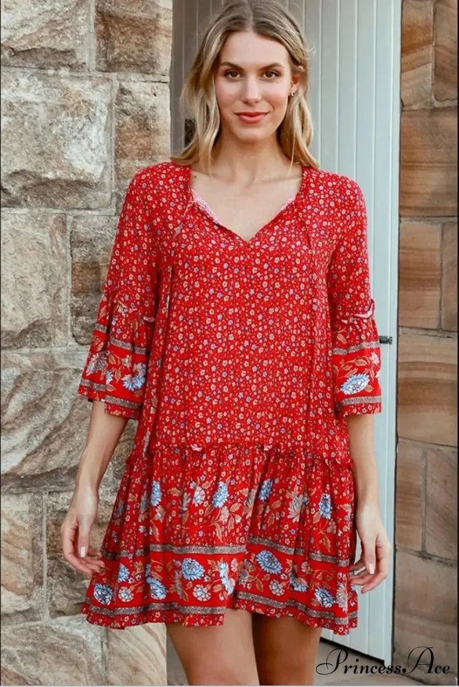 Rope Neck Frills Botanical Pattern Rayon Summer Mini Getaway Boho Dress