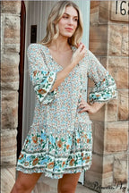 Rope Neck Frills Botanical Pattern Rayon Summer Mini Getaway Boho Dress