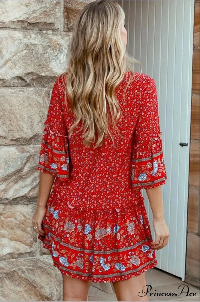 Rope Neck Frills Botanical Pattern Rayon Summer Mini Getaway Boho Dress