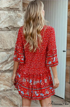 Rope Neck Frills Botanical Pattern Rayon Summer Mini Getaway Boho Dress