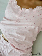 Rose-colored Pajamas Dotted Lace Trim Button Feature Camisole Micro Shorts Two Pieces Set
