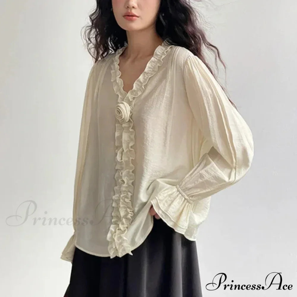 Rose Cotton Rayon Informal Extended Sleeve V-Neck Bohemian Top