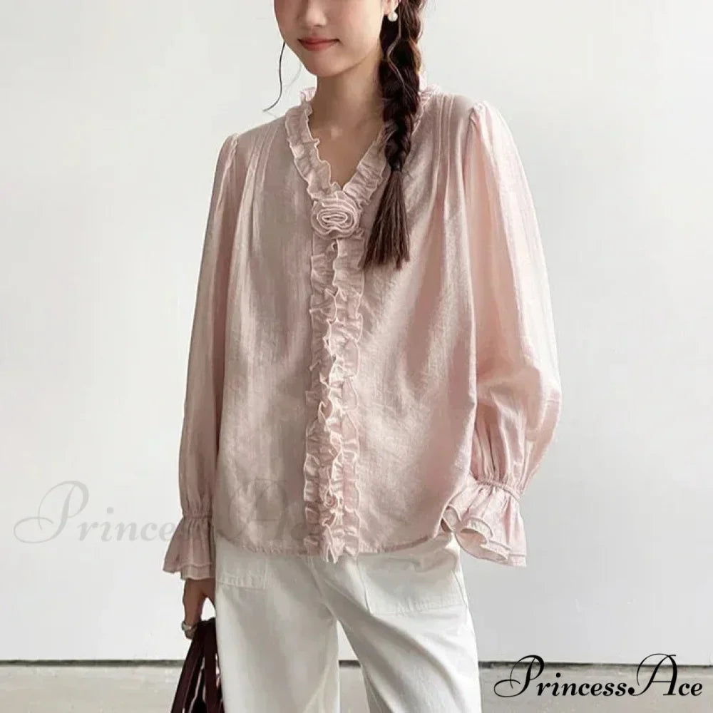 Rose Cotton Rayon Informal Extended Sleeve V-Neck Bohemian Top