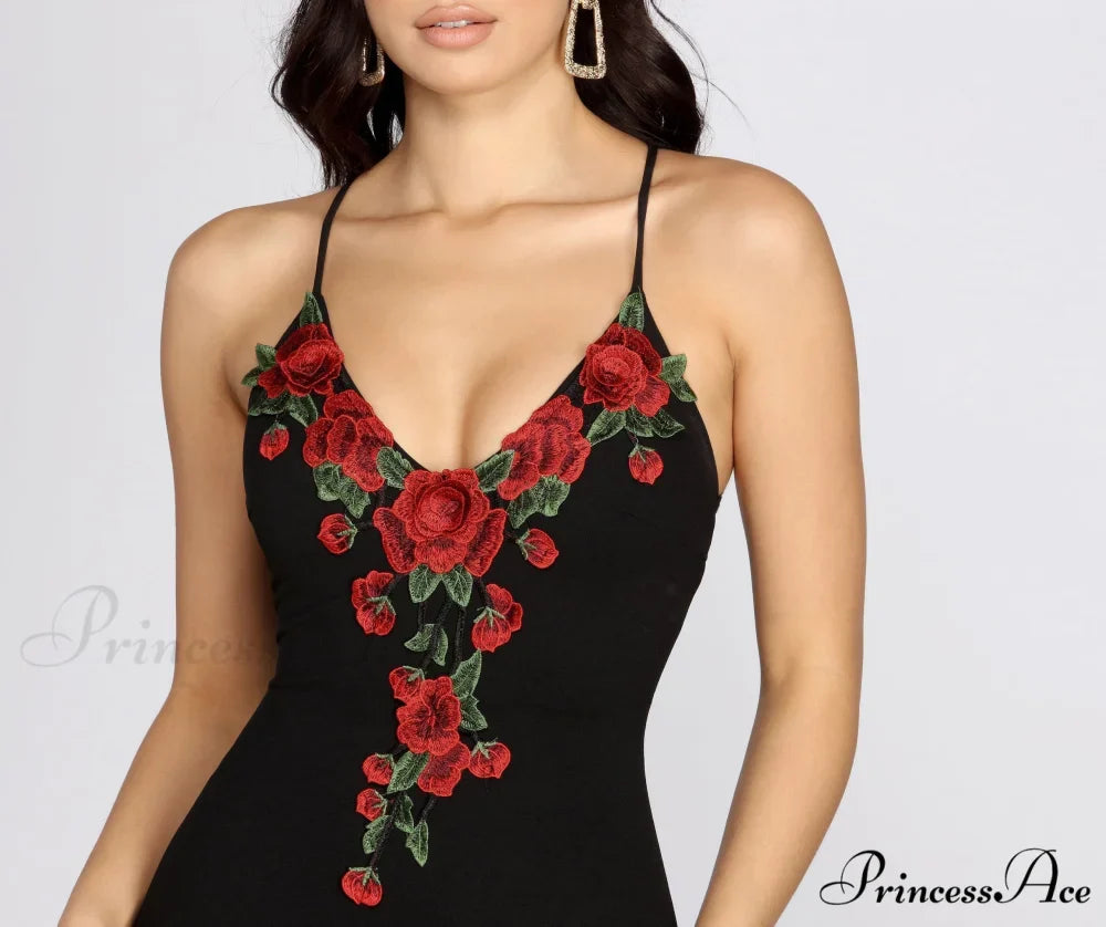 Rose Embroidered Stylish Bodycon Dress