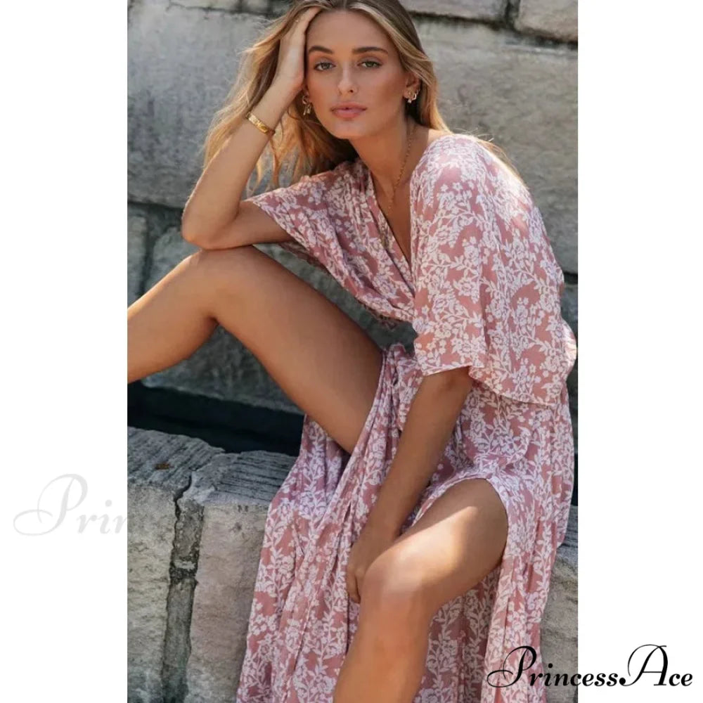 Rose Floral Maxi Dress Seductive Deep V-neck Side Split Boho Dress