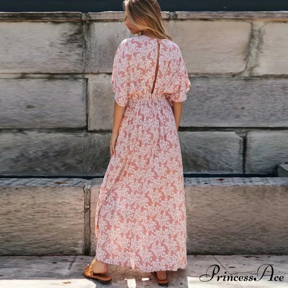 Rose Floral Maxi Dress Seductive Deep V-neck Side Split Boho Dress