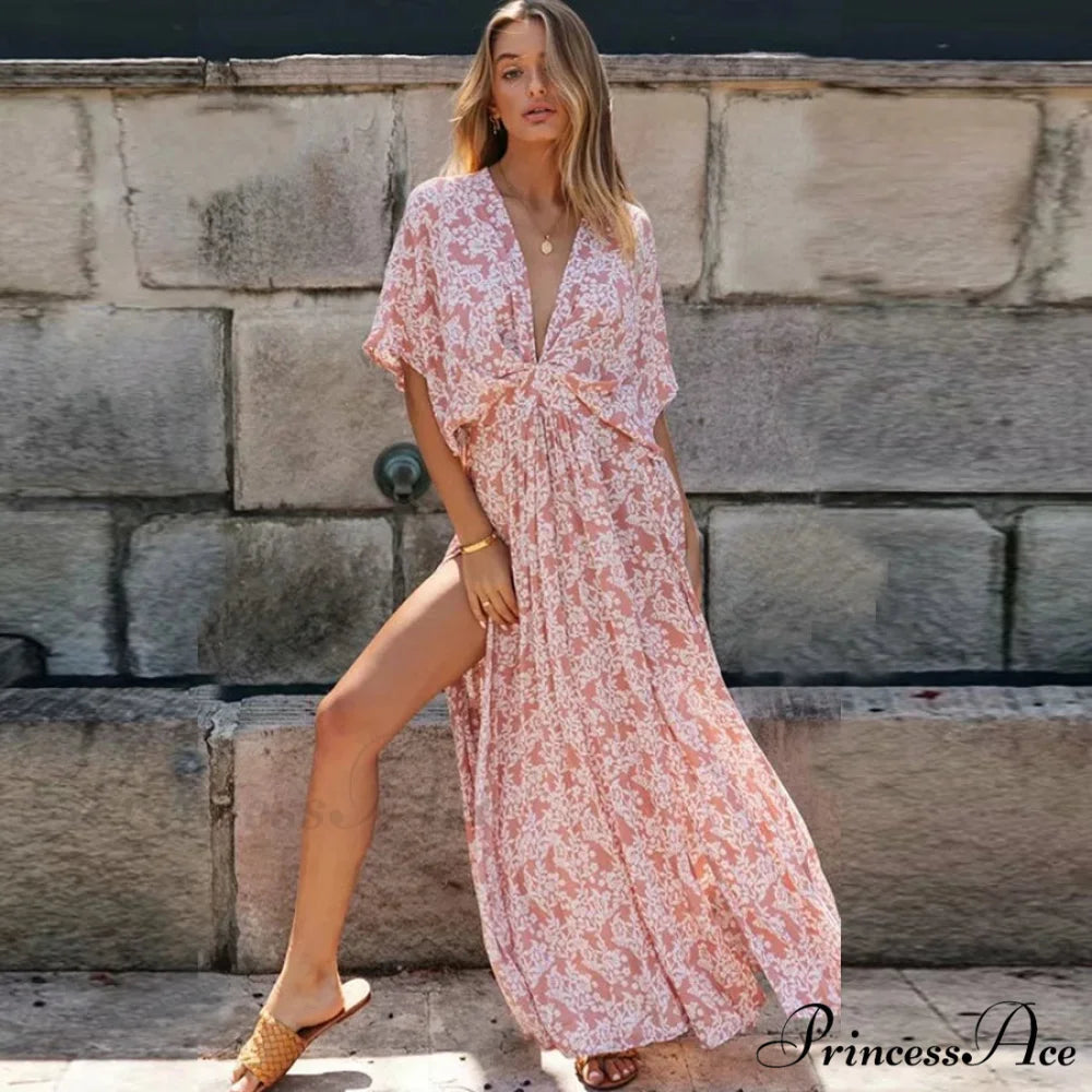 Rose Floral Maxi Dress Seductive Deep V-neck Side Split Boho Dress