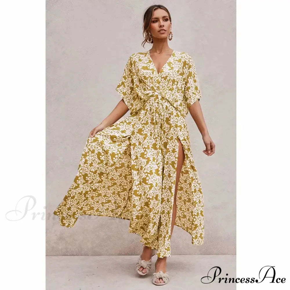 Rose Floral Maxi Dress Seductive Deep V-neck Side Split Boho Dress