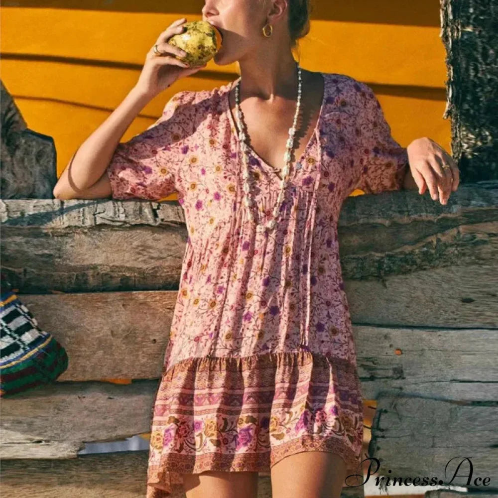 Rose Floral Pattern Robe A-line Mini Dress Women Beach Boho Summer Dress