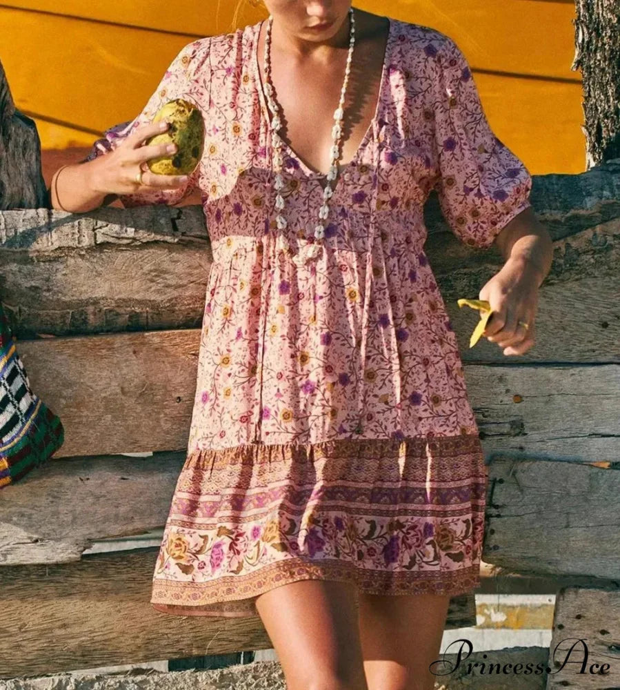 Rose Floral Pattern Robe A-line Mini Dress Women Beach Boho Summer Dress