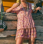 Rose Floral Pattern Robe A-line Mini Dress Women Beach Boho Summer Dress