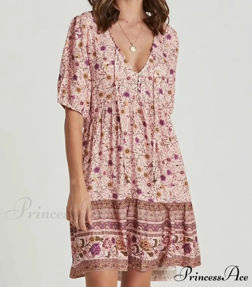 Rose Floral Pattern Robe A-line Mini Dress Women Beach Boho Summer Dress