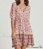Rose Floral Pattern Robe A-line Mini Dress Women Beach Boho Summer Dress