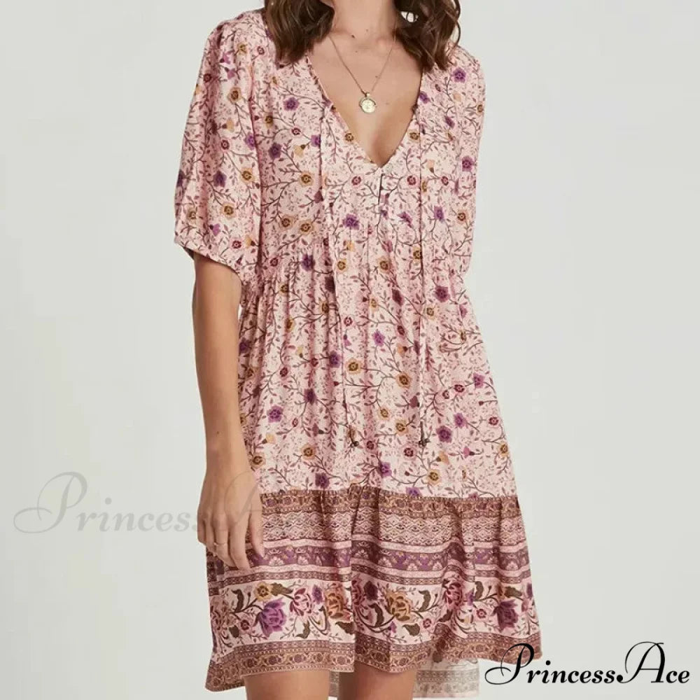 Rose Floral Pattern Robe A-line Mini Dress Women Beach Boho Summer Dress