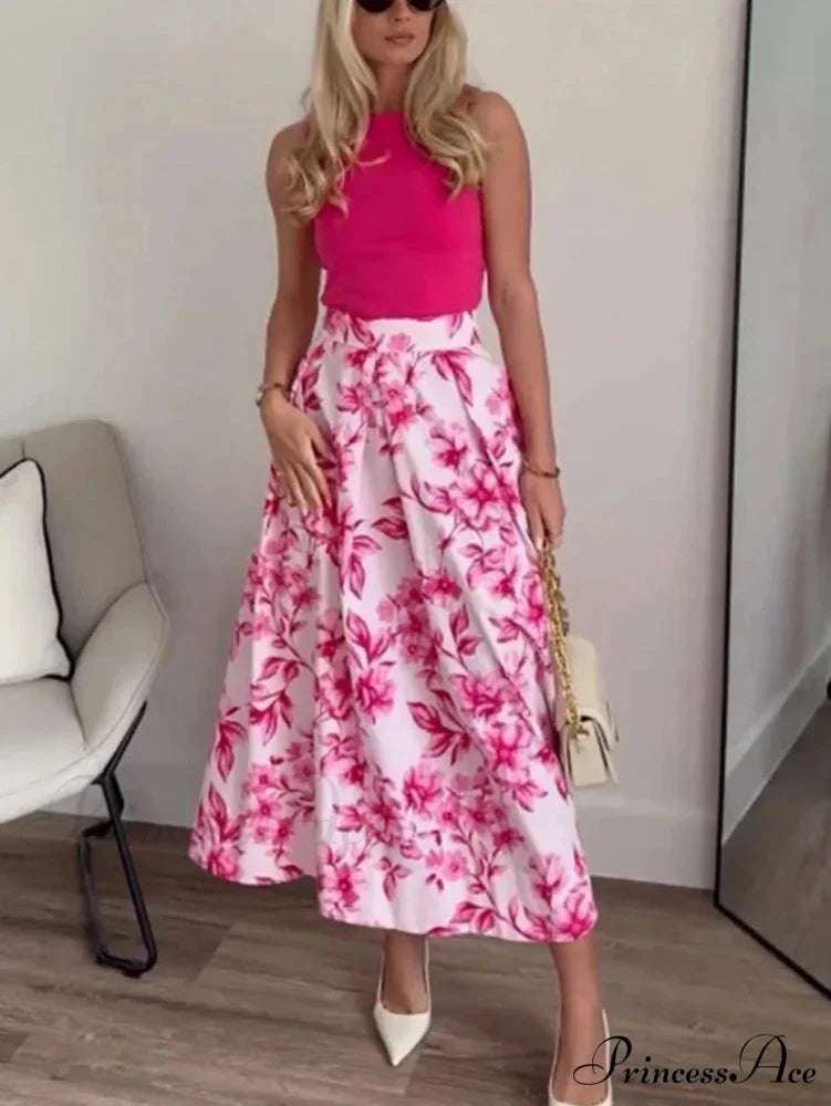 Rose Floral Patterned Informal Flared Skirt Elevated Waist Zip
