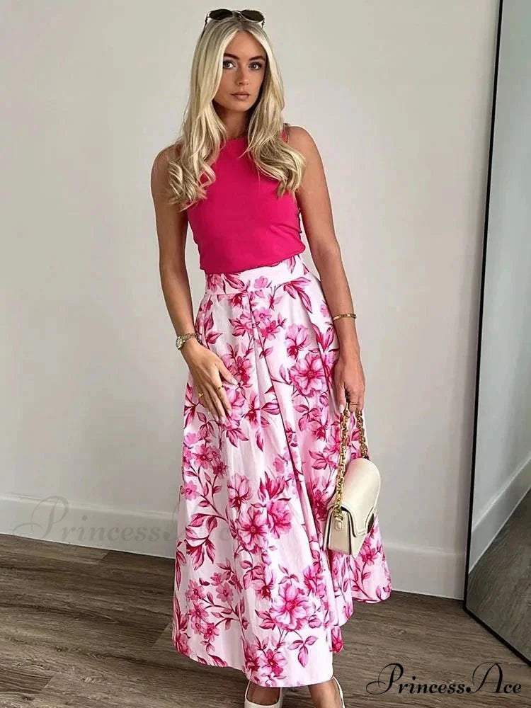 Rose Floral Patterned Informal Flared Skirt Elevated Waist Zip