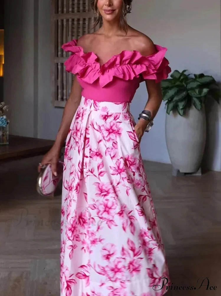 Rose Floral Patterned Informal Flared Skirt Elevated Waist Zip