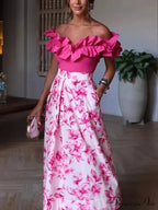 Rose Floral Patterned Informal Flared Skirt Elevated Waist Zip