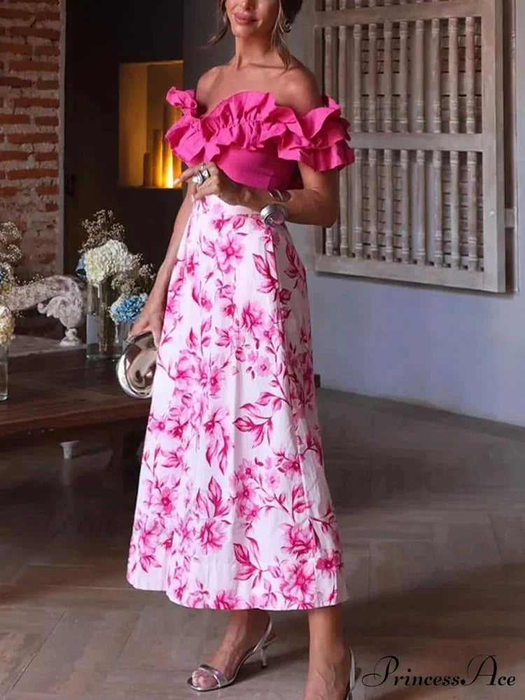 Rose Floral Patterned Informal Flared Skirt Elevated Waist Zip