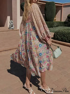 Rose Floral Quadrilateral Neckline Short Sleeve Bohemian Dress