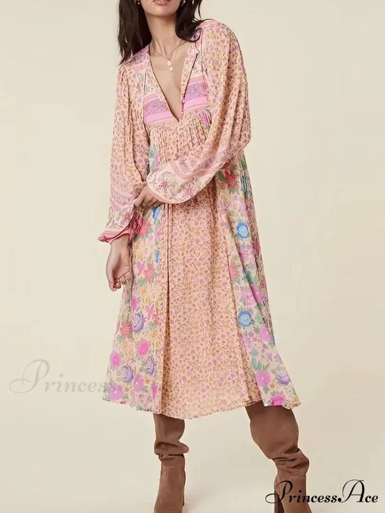 Rose Floral Quadrilateral Neckline Short Sleeve Bohemian Dress