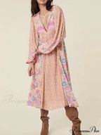 Rose Floral Quadrilateral Neckline Short Sleeve Bohemian Dress