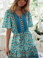 Rose Floral Short Sleeve Baggy Plunging Neckline Mini Boho Dress