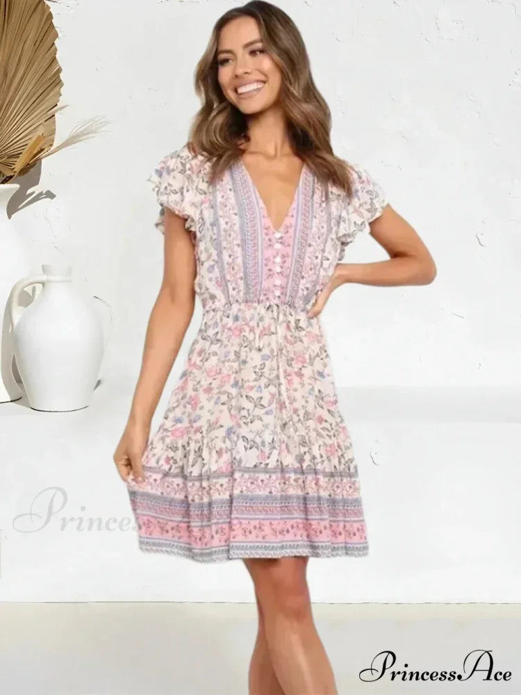 Rose Floral Short Sleeve Baggy Plunging Neckline Mini Boho Dress