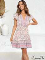Rose Floral Short Sleeve Baggy Plunging Neckline Mini Boho Dress
